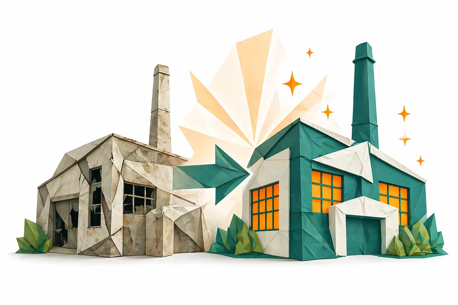 Links sieht man eine aus Altpapier gefaltete alte Fabrik mit kaputten Fenstern. Rechts daneben die gleiche Fabrik, aber modernisiert und mit Glasfenstern. Das Bild symbolisiert die Verbindung von Tradition und Moderne.